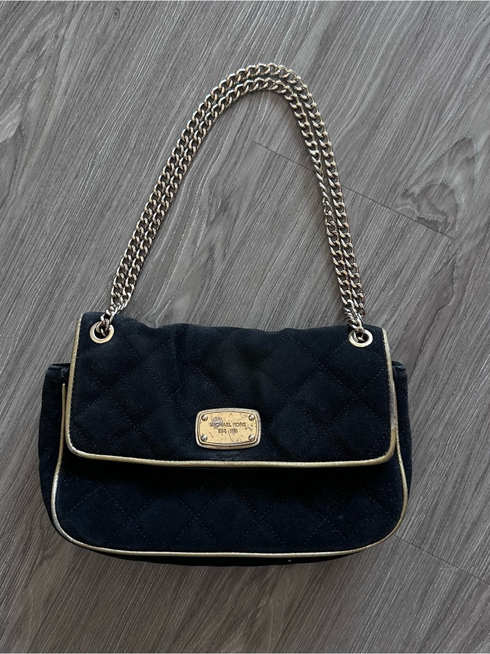Michael Kors Black Quilted Shoulder Bag with Gold Piping and Chain Strap